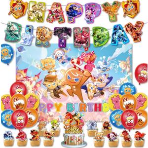 Cookie Run Kingdom Birthday Party Decorations Set Cute Cartoon Fun Supplies, Banner, Balloons, Cupcake Toppers, Large Cake DecorationsBackdrop