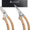 BUGUI 8 Wood Handle Garden Scissors, Set of 2, Includes Bypass Pruning Shears and Long Straight Tip Clippers, Premium Gardening Tools with Precision-Ground SK-5 Steel Blade