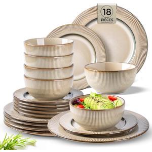 GBHOME Ceramic Dinnerware Sets, 18 Piece Embossed Elegant Stoneware Plates and Bowls Sets, Housewarming Wedding Gift | Dishwasher & Microwave Safe | Dishes Set Service for 6 (Pale Khaki)