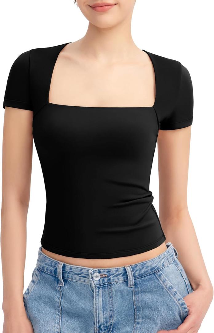 PUMIEY Women's Short Sleeve T Shirts Square Neck Going Out Tops Slim Fit Basic Tee Smoke Cloud Pro Collection (Large, Jet Black)
