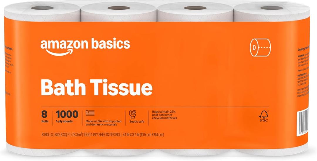 Amazon Basics 1000 Sheet 1-Ply Bath Tissue, 8 Rolls, Septic Safe