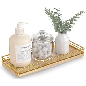Bathroom Tray for Counter Top Organizer  Oak Wood Vanity Tray with Metal Frame for Dresser, Kitchen, Nightstand  Gold & Oak Decorative Storage (11" x 4.5" x 1.5")