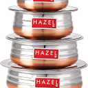 HAZEL Stainless Steel Copper Bottom Handi Set with Lids | Traditional Indian Cookware & Serveware | Set of 4 (0.8, 1.3, 1.7, 2.1 Quarts) | Durable Pots for Curry, Biryani & More