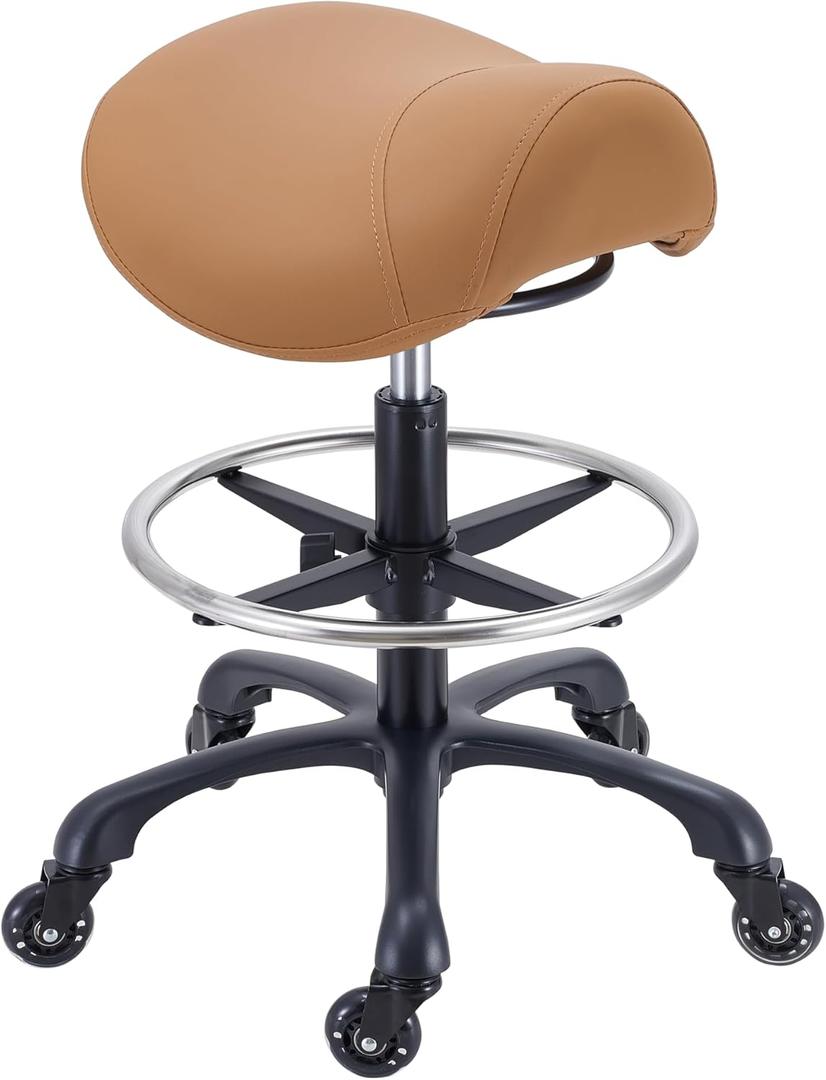 Coczeb Saddle Salon Stool with Footrest,Heavy Duty, Adjustable Height, Rolling Esthetician Chair for Tattoo Spa Medical Dentist Clinic(Brown)
