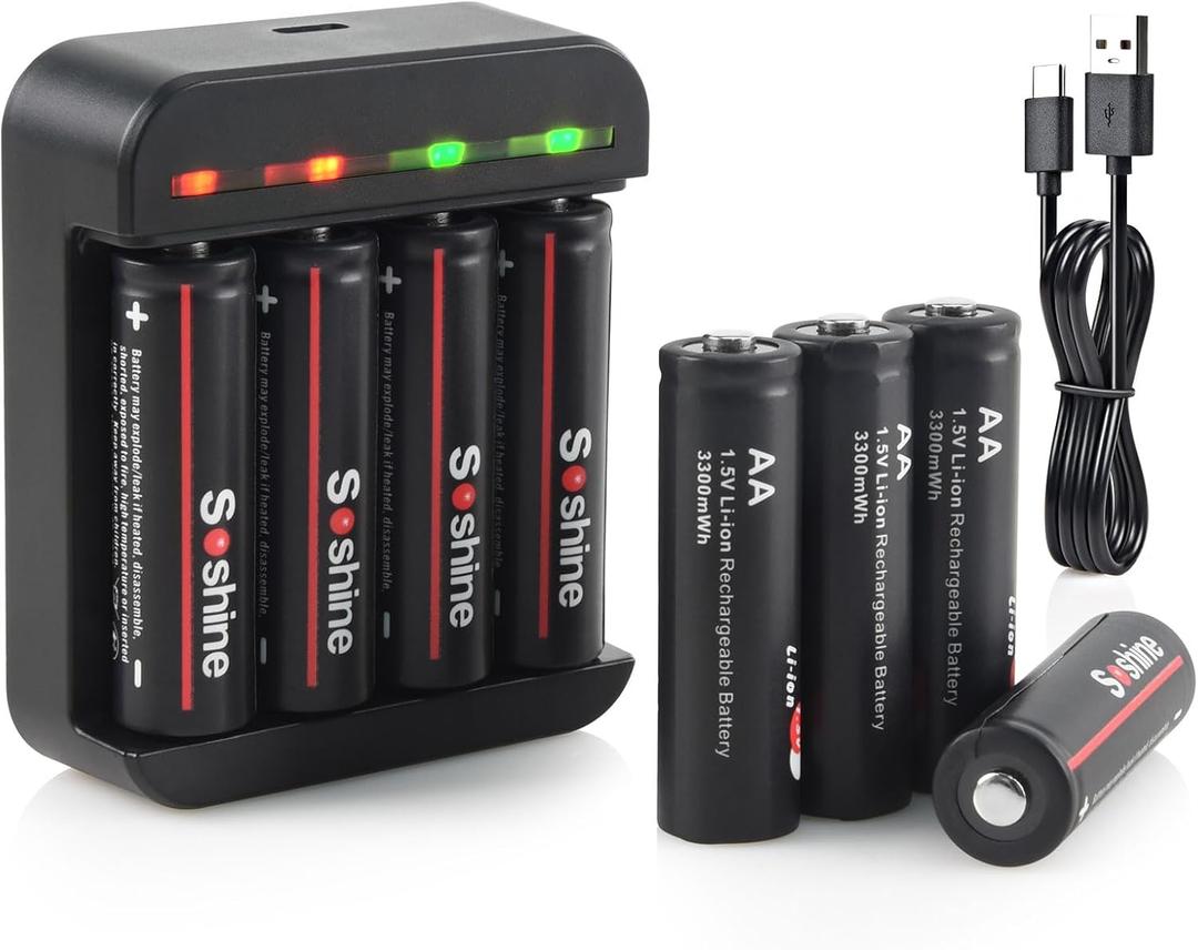 Rechargeable Lithium aa Batteries with Charger - Long Lasting 1.5v Rechargeable aa Batteries 3300mWh 8-Pack with 4 Bay Type C 2H Fast Charger
