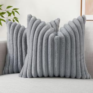 decorUhome Faux Fur Throw Pillow Covers 18x18 Set of 2, Decorative Soft Plush Striped Neutral Couch Pillow Covers with Velvet Back for Sofa, Bed, Living Room Home Decor, Grey