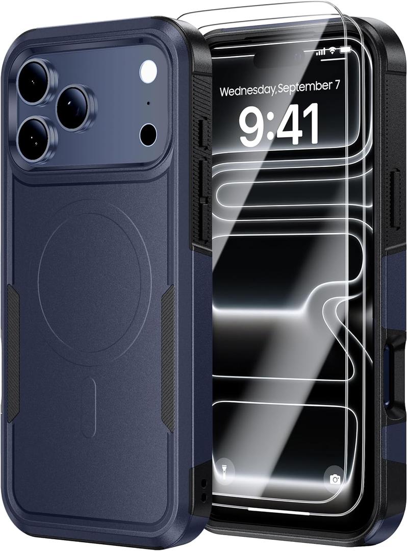 Magnetic Case for iPhone 17 Pro 6.3" (2025) with 2X Screen Protector, Compatible with MagSafe,Shockproof Protective Cover, Non-Slip Matte Grip, Military-Grade Drop Defense, Deep Blue