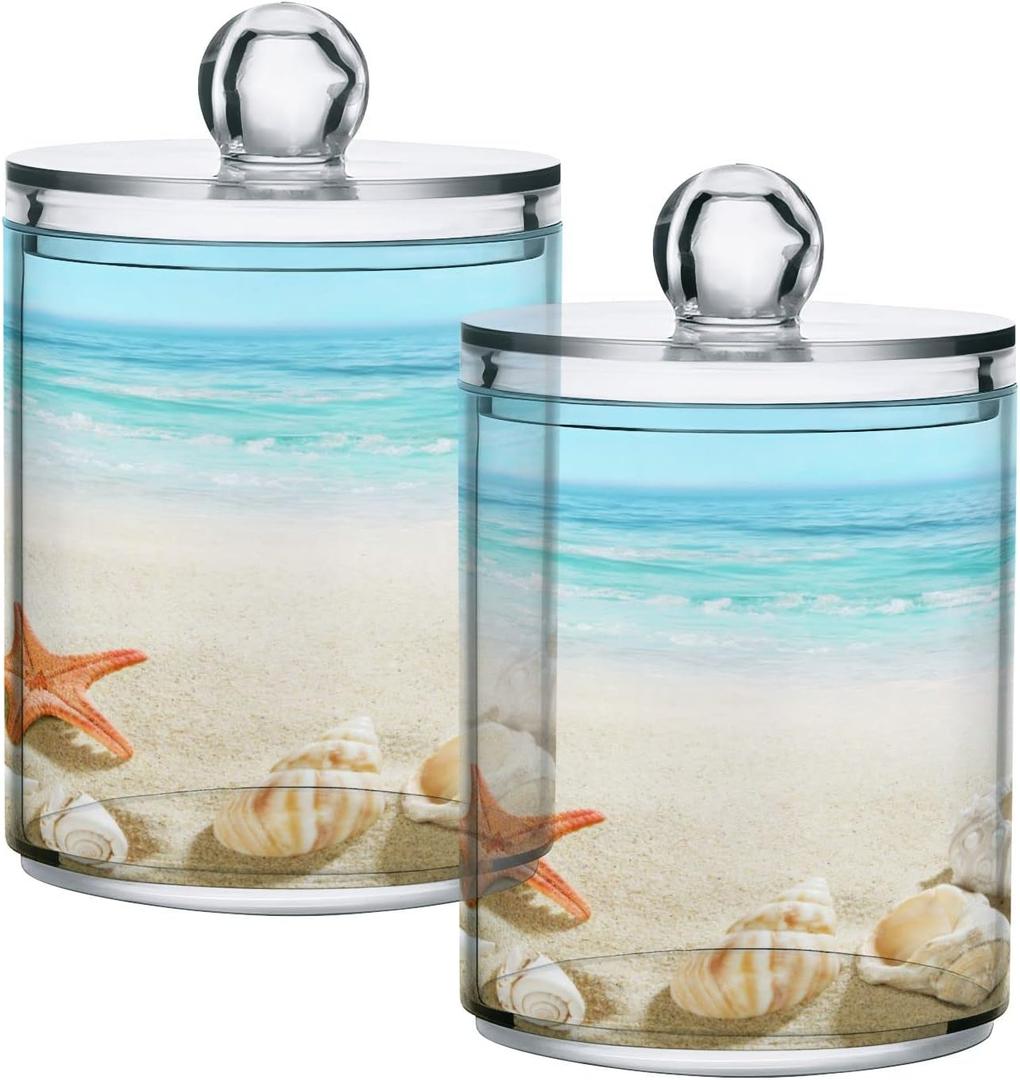 2 Pack Qtip Holder Dispenser Summer Beach Starfish Seashell Storage Canister Bathroom Acrylic Plastic Apothecary Jars Vanity Organizer Lid for Cotton Swab/Ball/Pad/Floss
