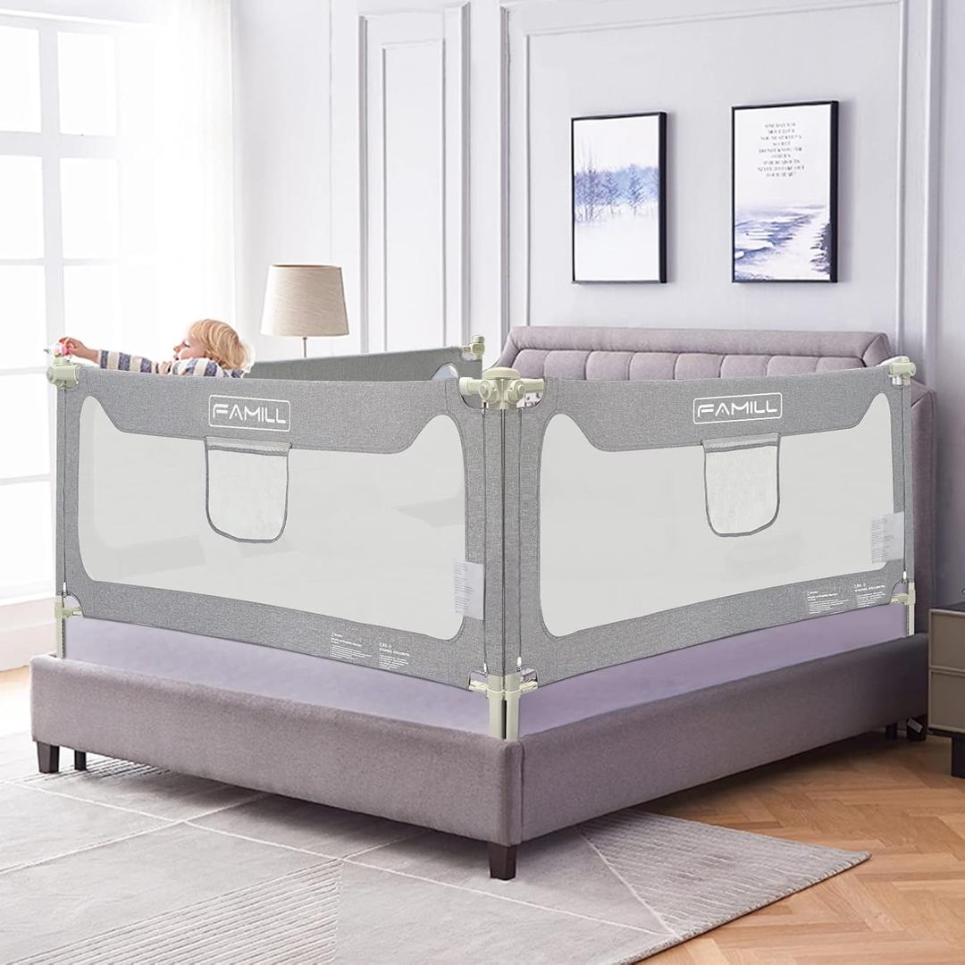 FAMILL Bed Rail for Toddlers with U-Shaped Base, Toddler Bed Rails, Bed Rails Suitable for Queen/King Size Mattress, Extra Length, Grey, 1 Piece, 78.7"