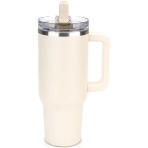 Sursip 40 oz Tumbler with Handle and Flip Straw, 100% Leakproof Lid Insulated Cup Stainless Steel Water Bottle for Cold Drinks Travel Mug, BPA-Free, Dishwasher Safe (Cream)