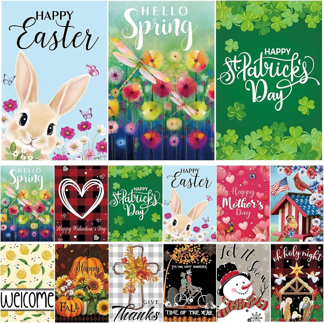 Seasonal Garden Flags Set of 12 Double Sided 12 x 18 Inch Yard Flag, Small Garden Flags for Outside, Christmas Halloween Easter Valentine's Day, Spring Summer Fall Winter Holiday Decor for All Seasons