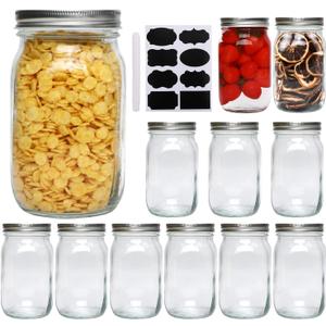 Accguan 33oz Glass Jars with Regular Lids, Mason Jar With Airtight Lids, Clear Glass Jar Ideal for Jam,Honey,Shower Favors,Wedding Favors, 12pack (Silver Lid)