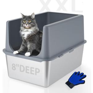 LIHONG Stainless Steel Litter Box with Lid, XL Metal Cat Box for Indoor Cats, Enclosure Cat Litter Pan for Large Cats, Non-Sticky Large Kitty Litter Box, Anti-Leakage, 23.5" X 15.5" X 16"