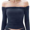 SUUKSESS Women Padded Off The Shoulder Tops Double Lined Going Out Long Sleeve Fitted Basic Fall Shirts(Navy Blue, XS)