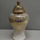 16.5" White and Gold Ceramic Ginger Jar with Lid - Modern Luxury Ceramic White Gold Ginger Jars for Home Decor, Living Room, Kitchen, Dining Table, Cabinet, Bookshelf Decor, Storage Ginger Jar