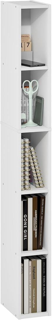 Furinno Fulda Book Shelf, 5-Tier Tall Narrow Bookshelf, Standing Bookcase with 6-in Width Storage Shelf, 9.3 x 5.9 x 51.9, for Organization Storage, for Living Room, Bedroom, Home Office, White