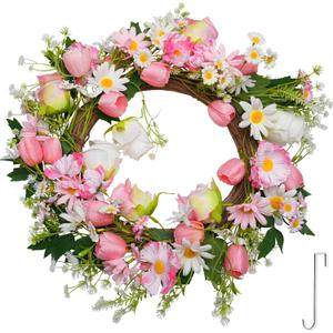 Spring Summer Wreath for Front Door 20, Artificial Flower Door Wreath with Pink White Roses Tulip Dasiy Wreaths with Hook for Windows Wall Deco Indoor Outdoor