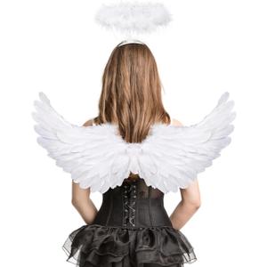 Angel Wings, Feather Angel Wings and Halo, Angel Wings Costume for Adult Kids Women Girls Halloween (White)