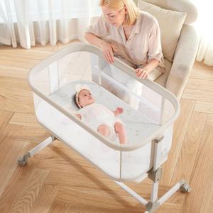 Fodoss Baby Bassinets Bedside Sleeper - All Mesh Bedside Bassinet with Wheels, 7 Height Adjustable Baby Bassinet for Infants, Beige, Crib