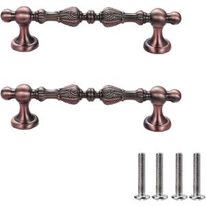 2 Pack Zinc Alloy Vintage Drawer Pulls with Screws - Ornate Drawer Handles for Kitchen Cabinets, Dresser Drawers, Furniture Hardware (Antique red Bronze, 3.78 inch Hole spacing)