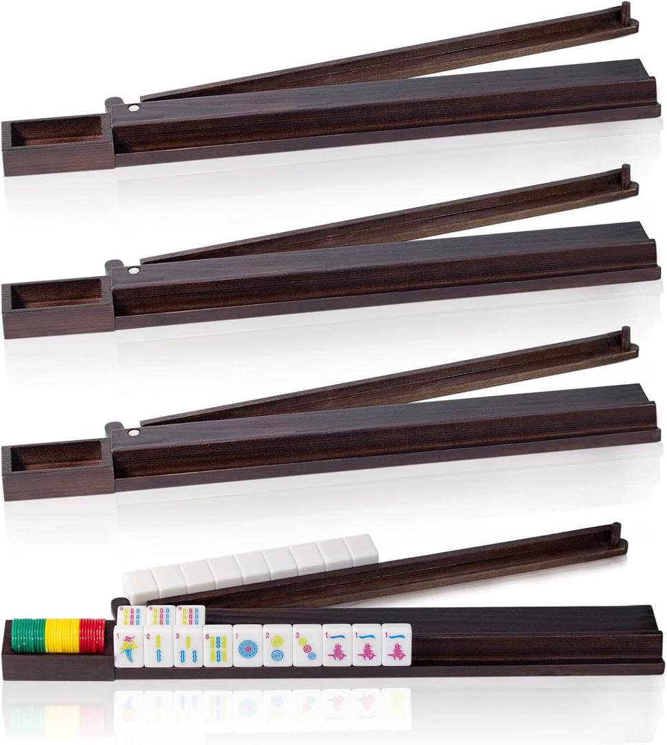 Wooden 4PCS 18 Inches Mahjong Racks | All-In-One Wooden Mahjong Racks with Pushers for Mahjong, Mexican Train,Dominoes ,Includes Magnetic Chip Box