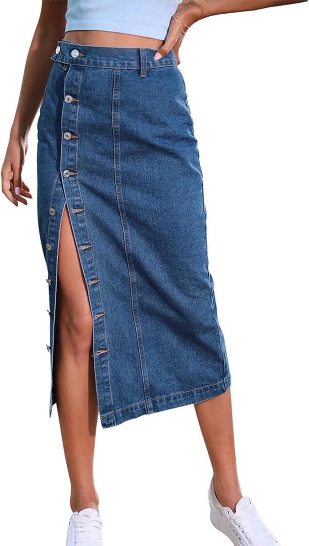 Women's Casual Slit Denim Midi Jean Skirt Stretch High Waisted Button Up Frayed with Pockets (Medium)