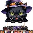 Happy Halloween Door Decoration,Black Cat Sign,Halloween Door Sign,Spooky Black Cat Wall Hanging,Witch Hat Wall Decor,Boo Ghost Plaque for Porch Yard Home Party Haunted House Outdoor Indoor