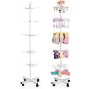 5-Tier Metal Spinning Display Stand Rack with Wheels, Keychain Jewelry Stocking Hat Display Stand, White