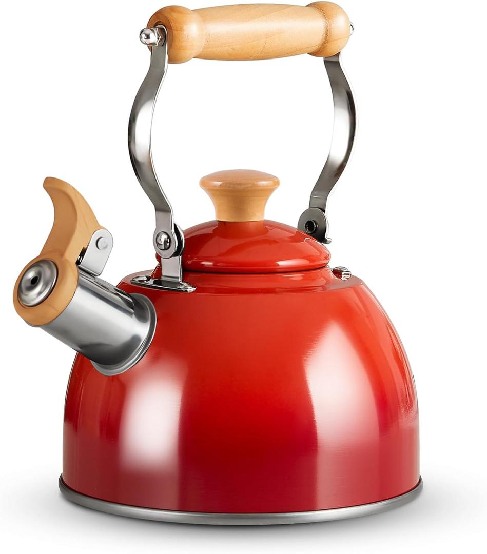 ROCKURWOK Tea Kettle, Tea Pot with Cool Touch Ergonomic Handle, Teapot Food Grade Stainless Steel, Tea Kettle Stovetop, Kettle Teapot, Whistling Tea Kettle, Small Tea Kettle, 1.6 Quart (Red)