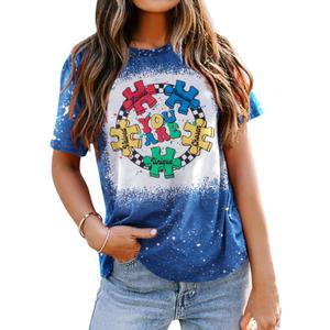 Autism Awareness Shirt Women Autism Support Acceptance Shirts Casual Puzzle Piece Bleached Tee Tops (Blue, S)