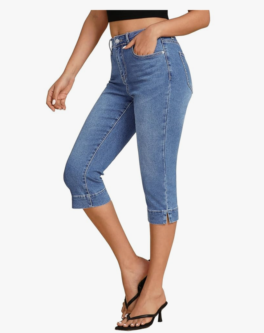 Luvamia Capri Jeans for Women Trendy High Waisted Slim Split Hem Stretch Denim Jean Capris Cropped Pants Casual Summer , Size M