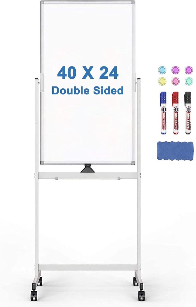 Rolling Whiteboard, 40" x 24" Magnetic Mobile White Board, Double Sided Dry Erase Board with Stand, Standing Whiteboard Easel on Wheels for Home School, Office and Classroom