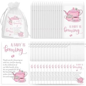 Spakon 50 Sets Baby Shower Tea Party Favors Party Gift Include a Baby Is Brewing Bags Brew Bag Thank You Cards and Organza Bags Favors for Guests Gender Reveal, No Tea