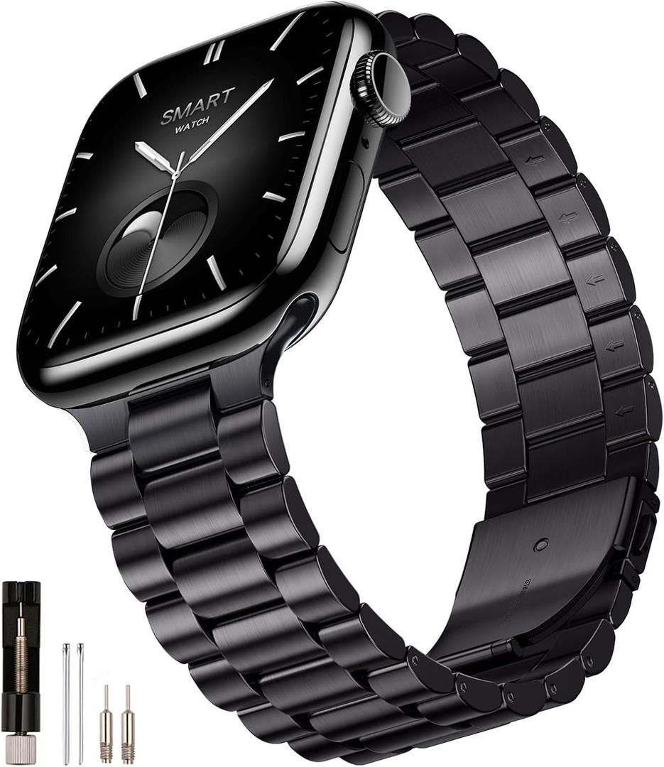 SUNFWR Compatible with Apple Watch Band 45mm 44mm 42mm for Men Women, Stainless Steel Metal iWatch Band for Apple Watch Series 9/8/7/6/5/4/3/2/1/SE/SE2(Black, 42mm 44mm 45mm No case)