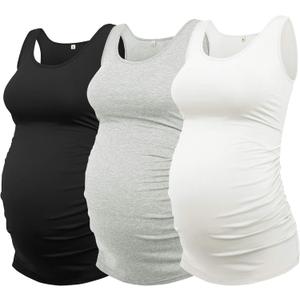 AMPOSH Womens Maternity Tank Tops 3 Pack Cotton Sleeveless Ruched Side Pregnancy Postpartum Shirts Soft Stretch Basic Top, M