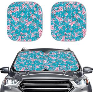 Cherry Blossom Blue Car Windshield Sun Shade 2pcs Foldable Reflective Sun Visor for Cars,SUVs,Trucks,and Vehicles