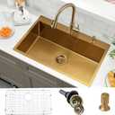 30 Inch Gold Kitchen Sink Drop In- Wesliv 30x18 Inch Kitchen Sink Drop in Sinks Stainless Steel Deep Single Bowl Gold Overmount Sink with Bottom Rinse Grid & Soap Dispenser, 30"x18"x9"