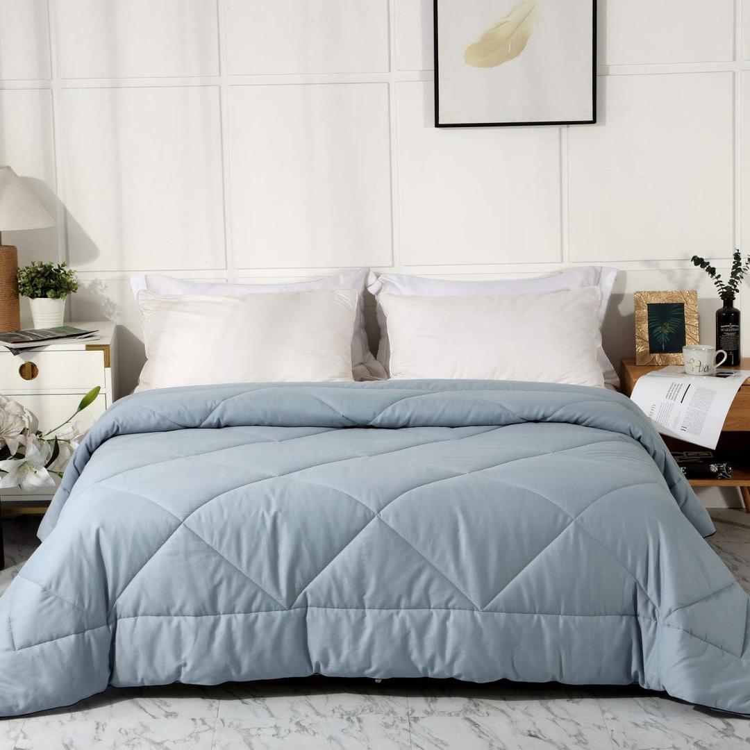 2025 Premium Upgraded Non-Vacuum Bed Quilt All Seasons 100% Cotton Filled Comforter - Reversible Lightweight Soft Breathable Fluffy (Grey Blue, Full/Queen)