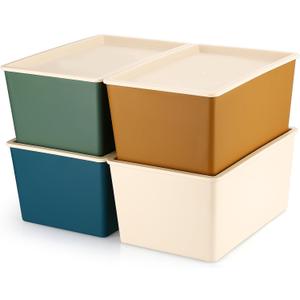 Menkxi 4 Pcs Storage Bins with Lids Plastic Stackable Containers for Organizing Shelves Christmas Ornament Box Baskets(Mixed Color,Small)