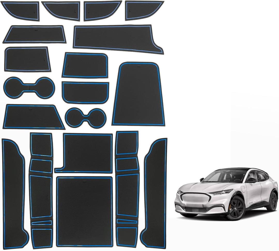 BestEvMod Compatible with Mach E Accessories 2021-2026 PVC Interior Anti Dust Cup Holder Inserts Center Console Liner Mats 18-pcs Set (V3 Blue)