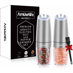 AmuseWit Gravity Electric Salt and Pepper Grinder Set [White Light] - Battery Operated Automatic Pepper and Salt Mills,Adjustable Coarseness,One-Handed Operation,Stainless Steel (Set of 2, Battery Operated - Stainless Steel)