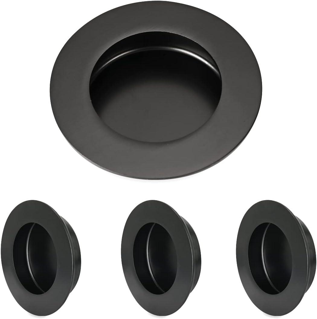 HOMOTEK 4 Pack Round Sliding Closet Door Handles Diameter 2-1/2 in(65mm) Black Flush Pocket Pulls Recessed Bypass Door Handles, Stainless Steel Barn Door Finger Pull Set