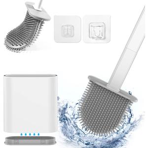 Silicone Toilet Brush, Toilet Cleaning System, Wall Toilet Wand Long Handle Soft Silicone Bristle Clean Toilet Corner Easily, Wall Mounting with Removable Bottom for Bathroom (White)