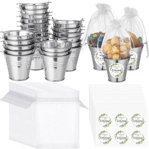 Geelin 24 Sets Mini Metal Buckets with Handles for Party Favors Small Galvanized Tin Pails with Thank You Decals and White Organza Bag for Wedding Favors Birthday Party and Baby Shower