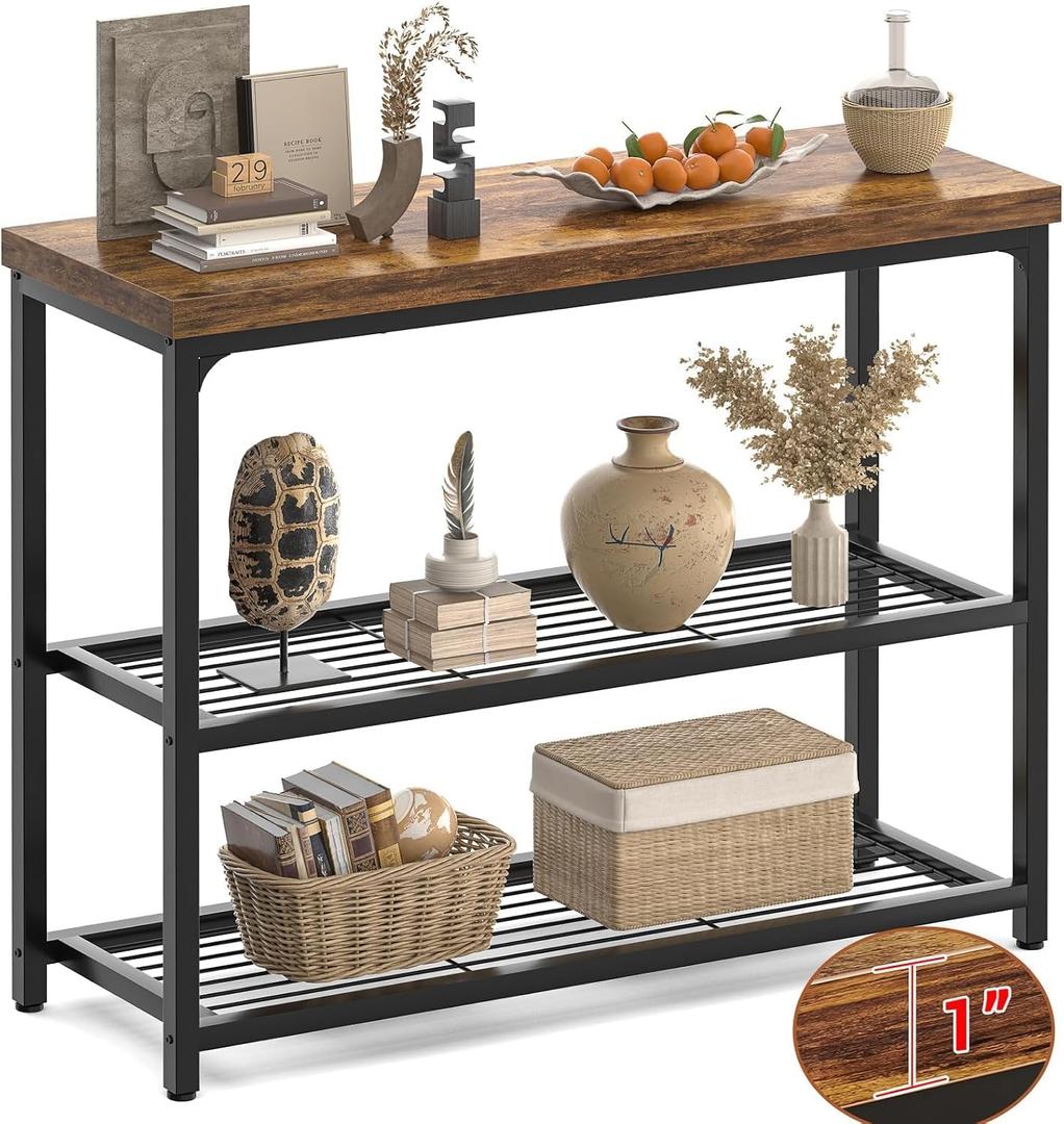 Besiost 32" Small Console Table with Storage, 3-Tier Industrial Narrow Entryway Table with Mesh Shelves, Sofa Table Behind Couch for Hallway Foyer Living Room, Sturdy Metal Frame, Rustic Brown