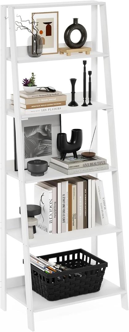 Furinno Ladder Book Shelf, 6-Tier Ladder Shelf, Open Design Bookshelf, Display Storage Bookcase, 14.8" x 23.6" x 66.2", Living Room, Home Office, White