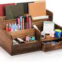 Pumtus Brown Wooden Desk Organizer, Mail Organizer with 7 Compartments and Drawer, Rustic Mail Sorter with Pen Holder, Tabletop Mail Basket, Office Accessories Holder for File Letter Document