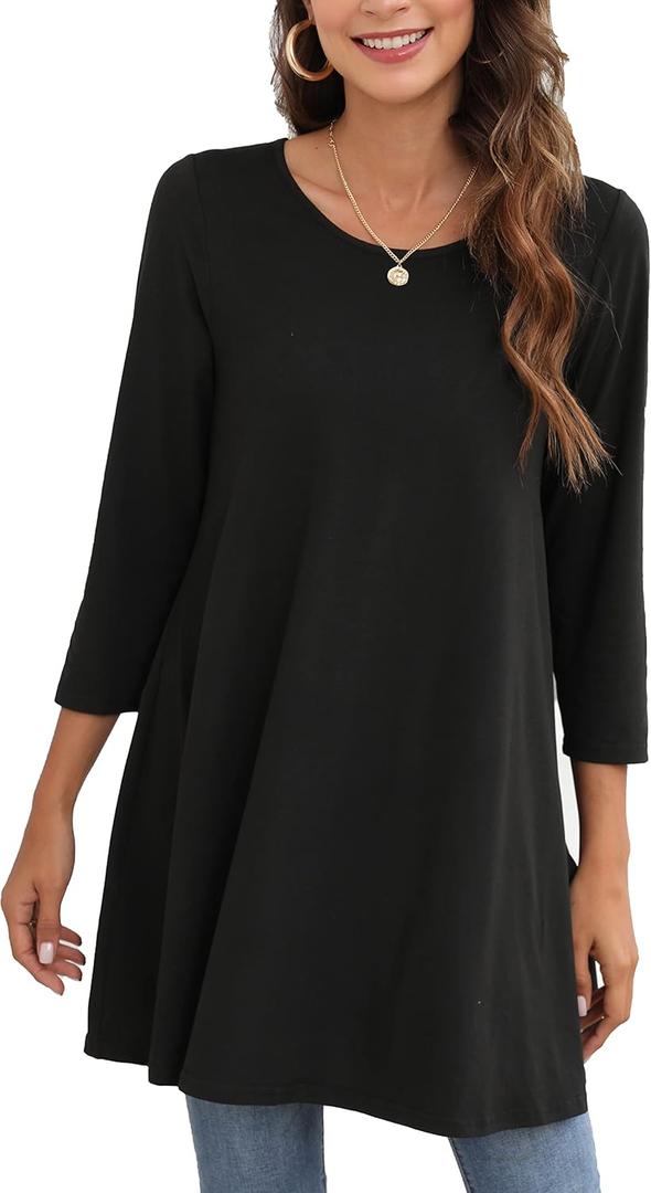 ENMAIN Women's Tops 3/4 Sleeve Dressy Casual Plus Size Tunic Tops to Wear with Leggings Swing Flare T-Shirt Loose Fit Blouses (Medium, A2-black)