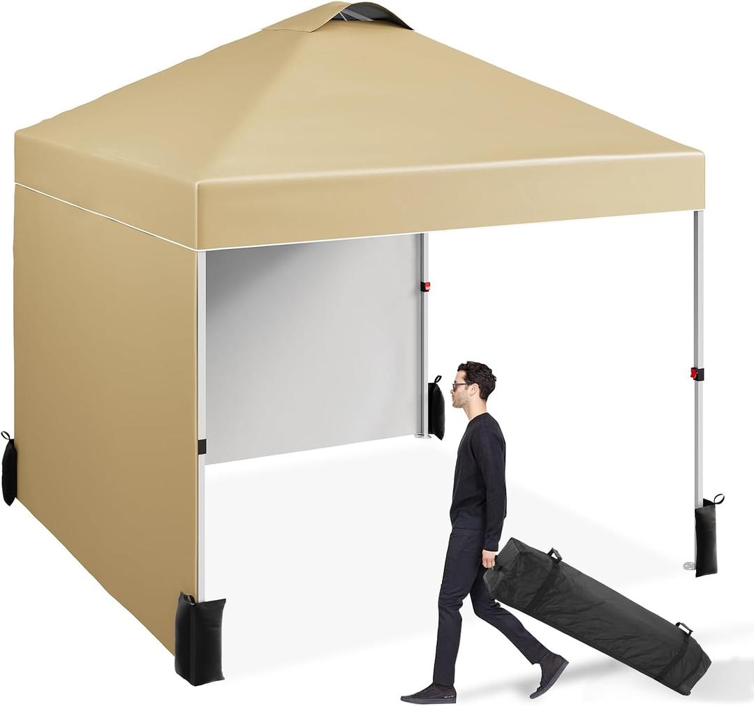 10'x10' Pop Up Canopy Tent with 2 Sidewall & Vented Roof,One Push Setup Instant Shade Shelter for Beach, Camping, Events,Includes STO-N-Go Bag, 8 Stakes, 4 Ropes & Sandbags (Commercial-Grade),Khaki