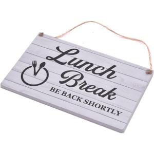 Lunch Break Hanging Sign - Be Back Soon Notice (White Wood) - Small size, 5.7" x 3.5"